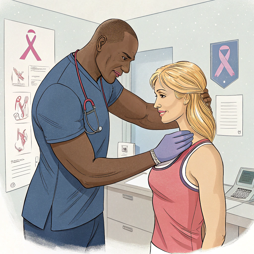 AI generated image by Red Panda AI: oscultacion mamaria, rubia, musculoso, oncologia cancer d emamas