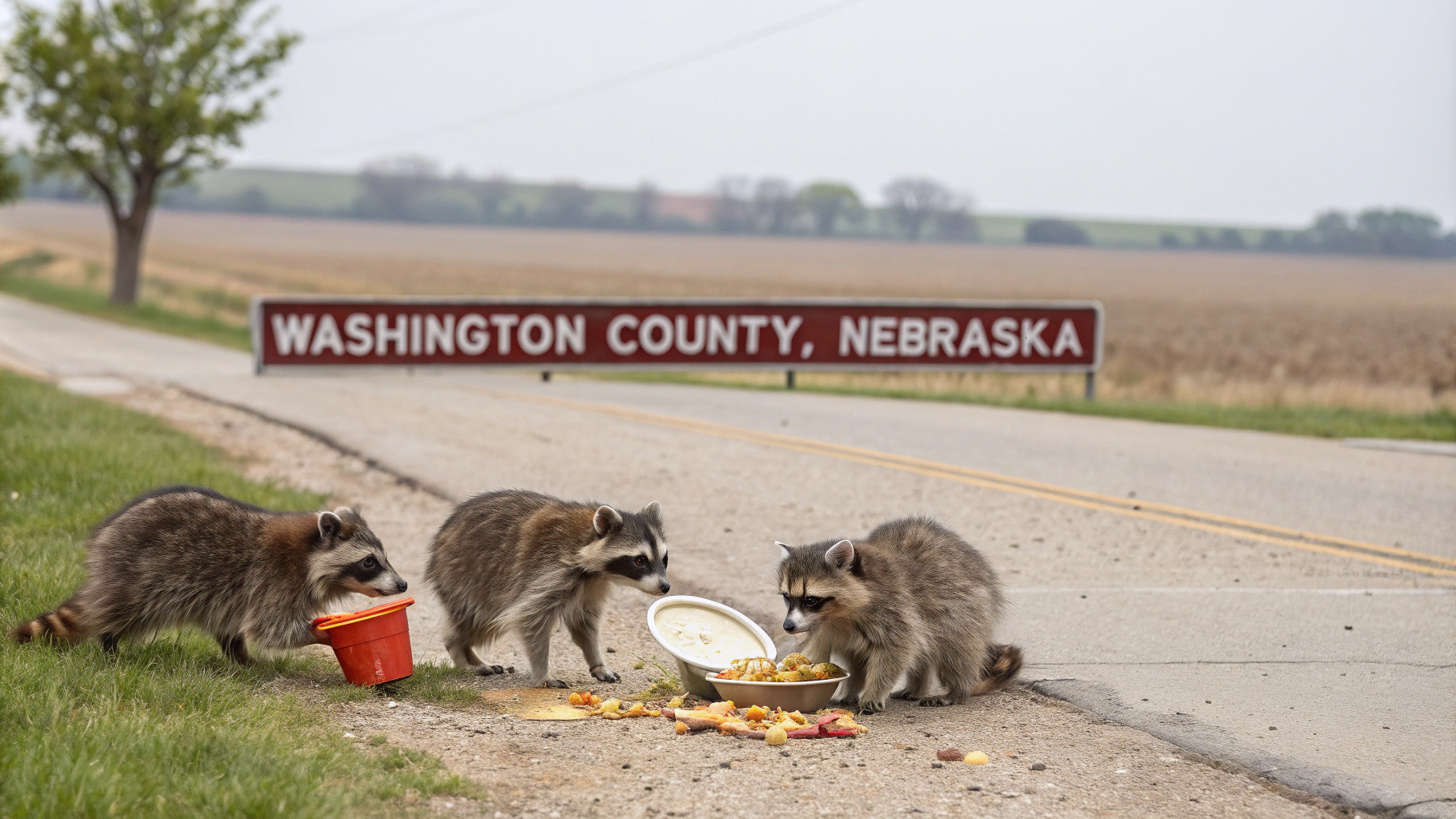 AI generated image by Red Panda AI: Three Raccoons Eating Chinese Food on the side of a country road, there is a sign that reads "Washington County, Nebraska"
