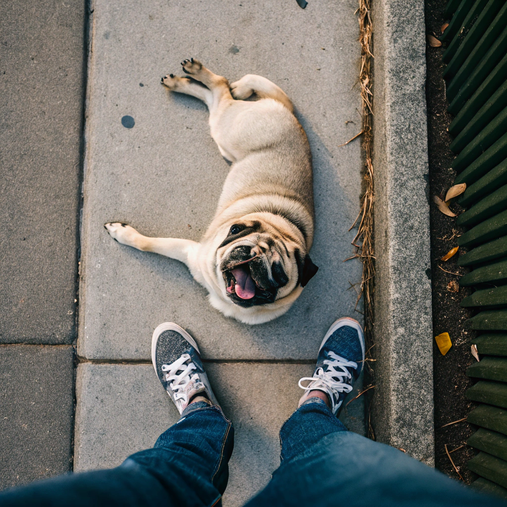 AI generated image by Red Panda AI: una toma por arriba de un pug estirando las patitas sobre la banqueta