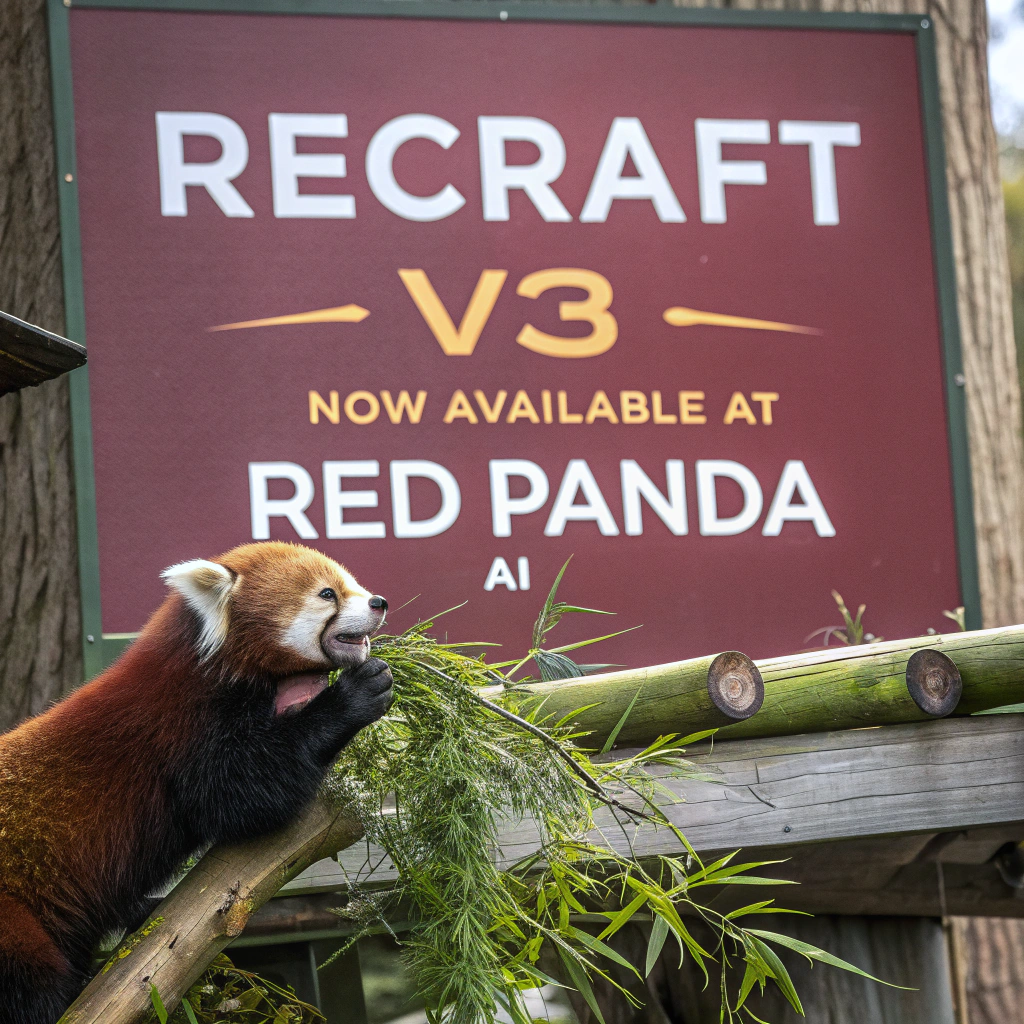 AI generated image by Red Panda AI: a red panda eating a bamboo in front of a poster that says "recraft V3 now available at red panda ai