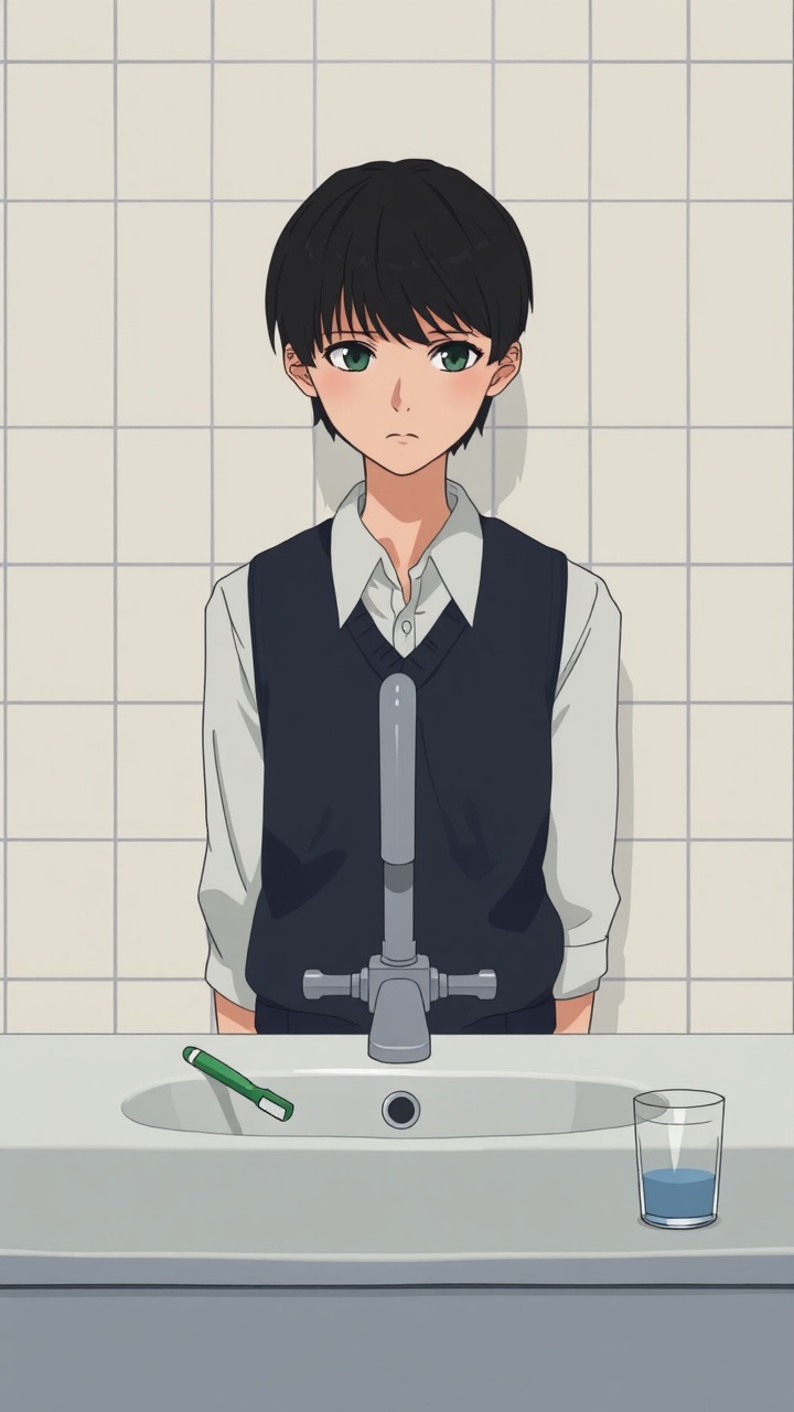 AI generated image by FLUX.1-schnell: Omocat's omori game artstyle, The image depicts a young person standing behind a bathroom sink facing the camera, their expression somber. Faucet faces the young person. Their dark hair is neatly styled, and they are dressed in a white shirt with a dark vest. The tiled walls behind them are plain and featureless, creating a sense of isolation. The only other elements in the scene are a toothbrush and a glass on the counter, suggesting a routine that the individual may find difficult to engage in. The overall mood of the image is melancholic, hinting at a sense of loneliness or sadness. The subdued colors and minimalist composition further contribute to the somber atmosphere. The image leaves room for interpretation, inviting viewers to consider the inner thoughts and feelings of the subject.