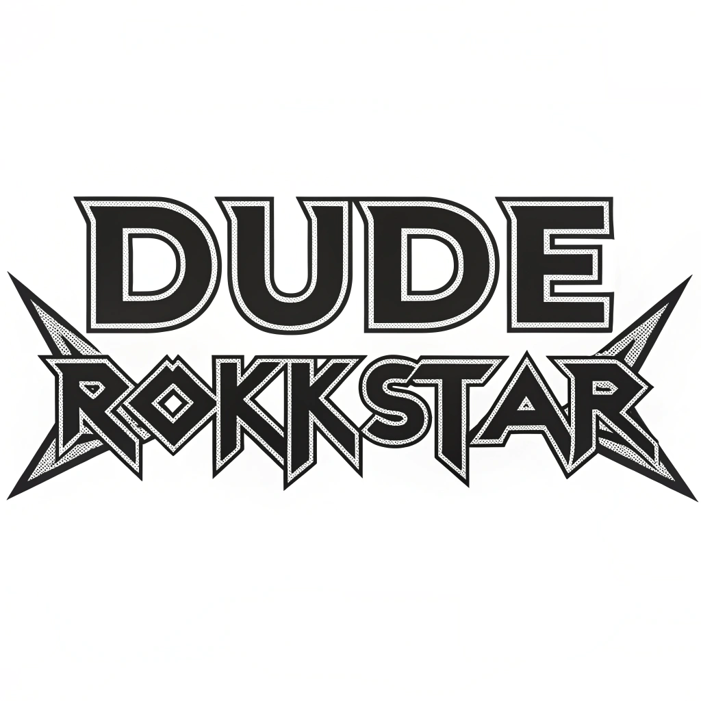 AI generated image by Red Panda AI: "Dude Rokkstar" logo in the font of a 1980s heavy metal band logo, on white background