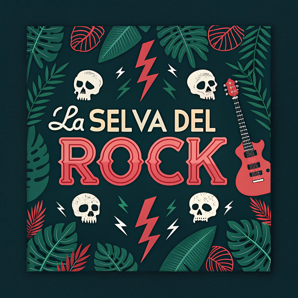 AI generated image by Red Panda AI: Logo for "La Selva del Rock", jungle meets rock and roll, electric guitars and tropical leaves, skulls, thunderbolts, bold vintage typography, dark green and red palette, vector style --v 5 --style 4b --ar 1:1