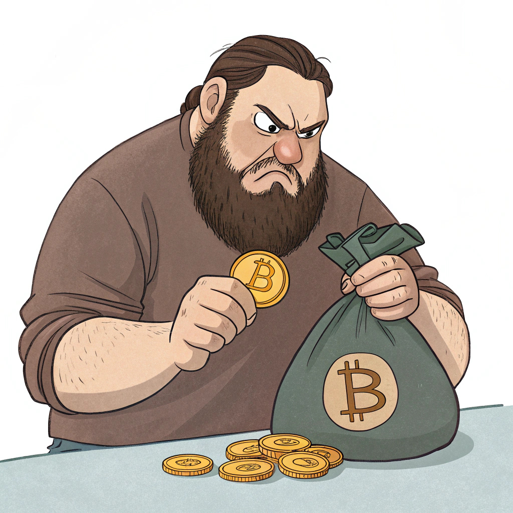 AI generated image by Red Panda AI: mono muy gordo con barba muy enfadado con bitcoins en las manos mirando una bolsa
