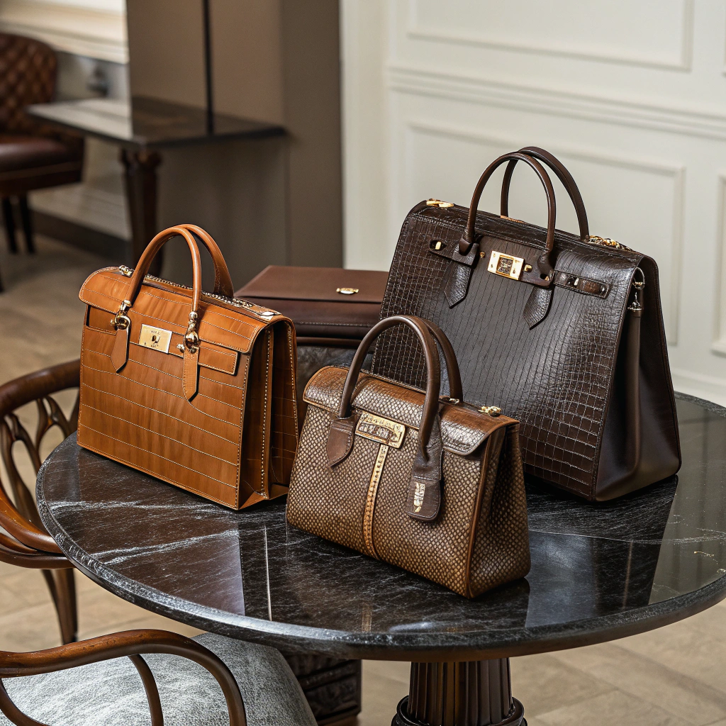 AI generated image by Red Panda AI: Realistic banner image for the brand Mointclair, featuring several luxury leather handbags placed on a dark wood or polished marble table. The bags are arranged in a casual yet sophisticated manner, with some standing upright and others slightly tilted. Each bag showcases realistic details such as crocodile leather texture, shiny metallic clasps, and impeccable finishes. The lighting is soft and directional, emphasizing the textures of the bags and casting natural, realistic shadows around each piece. The scene is captured in high resolution to highlight every detail of the handbags, conveying a sense of exclusivity and luxury. The background is simple and slightly blurred, keeping the central focus on the bags.