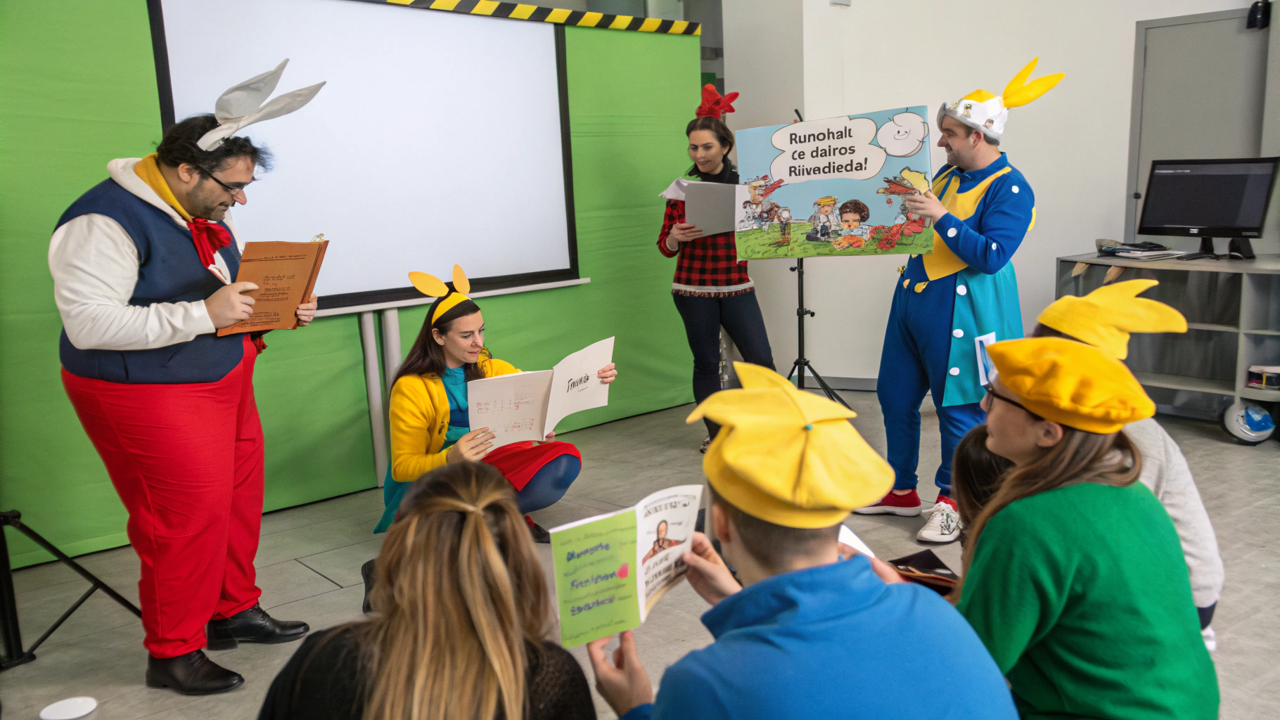 AI generated image by Red Panda AI: "A highly realistic and vibrant scene in a 16:9 format showing a team-building activity indoors, where colleagues of diverse ages (35 to 60) and genders are fully engaged in creating a comic book story. The participants are dressed in playful, colorful costumes inspired by classic French comic characters like Tintin, Astérix, and Lucky Luke. Some are holding comic props like speech bubbles, cardboard swords, and fun hats, while others are acting out scenes. In the foreground, one participant holds a tablet or storyboard, guiding the comic story development. Behind them, a large green screen serves as a backdrop for posing, ready to be edited with dynamic backgrounds later. The scene captures a sense of creativity, teamwork, and humor, as the group collaborates to bring their comic story to life, creating a lively and engaging atmosphere."