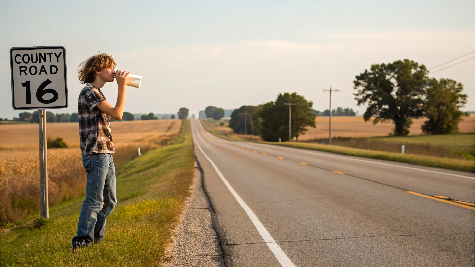 AI generated image by Red Panda AI: a teenager down a county road in Nebraska drinking a gallon of milk. A sign says "County Road 16"