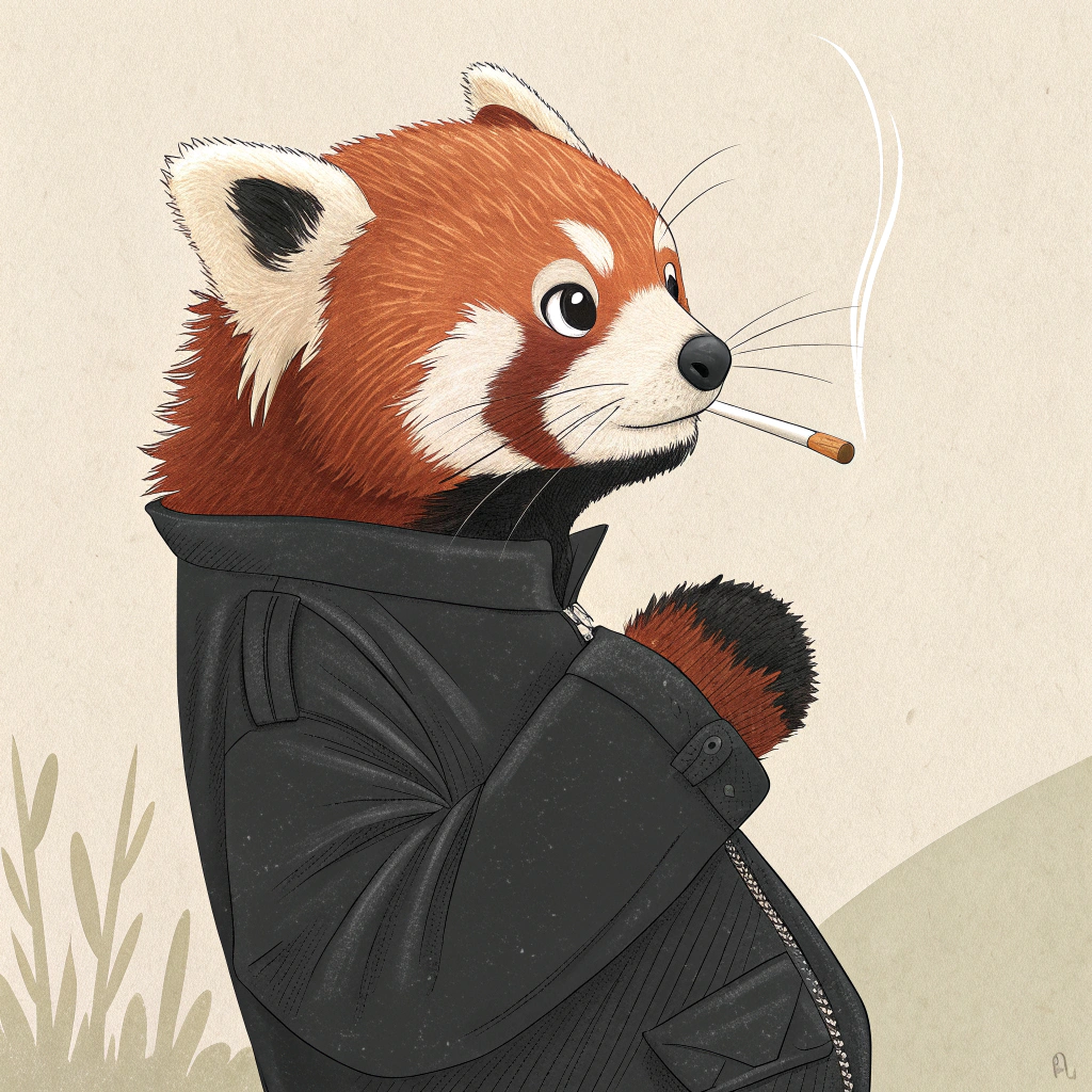 AI generated image by Red Panda AI: a red panda wearing a black jacket thats smoking