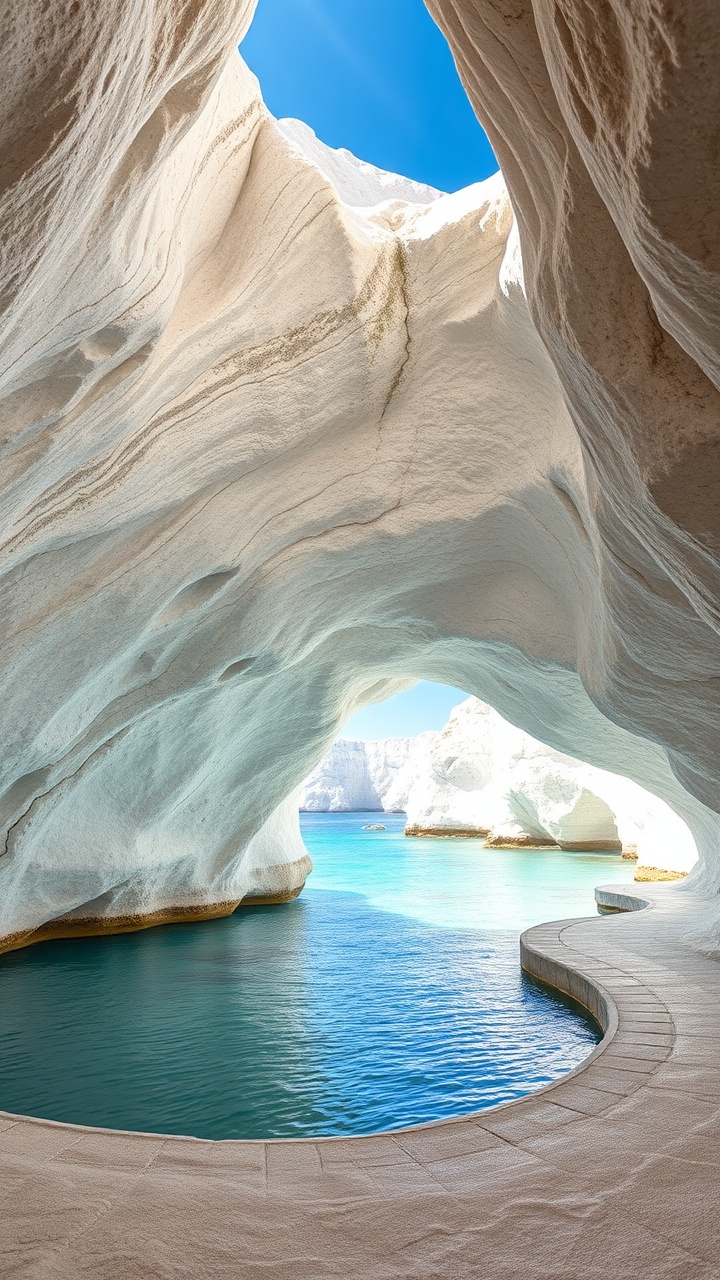 AI generated image by FLUX.1-schnell: Exact recreation of this specific sea cave location, photorealistic, looking from inside a natural white limestone cave towards the ocean, large rough textured white chalk rock overhang ceiling, curved natural pool of crystal clear turquoise water in the foreground, low white stone ledge surrounding the water, bright sunny day with clear blue sky, white rocky cliffs and ocean visible in the background through the cave opening, highly detailed rock texture, natural daylight, sharp focus, 9:16 vertical aspect ratio, realistic photography style