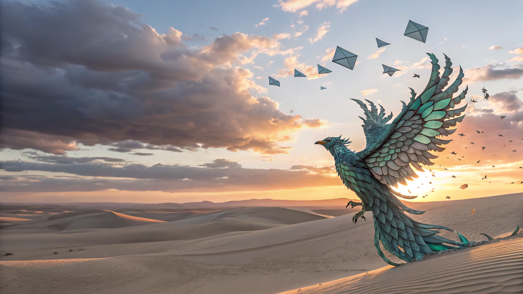 AI generated image by Red Panda AI: A surreal desert landscape at dawn where a phoenix rises from beneath sand dunes rather than ashes. The phoenix is composed of interlocking crystalline structures in blues and greens instead of traditional fire colors. The sky above features impossible cloud formations that spiral upward in defiance of gravity, with scattered geometric shapes floating midway between the ground and clouds.