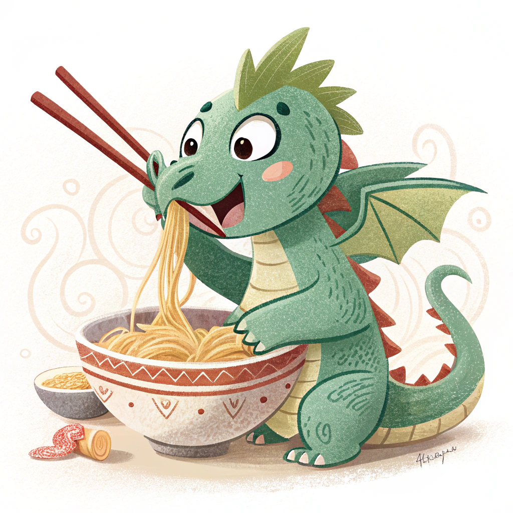 AI generated image by Red Panda AI: Dragón pequeño comiendo espaguetis de un tazón con unos palillos chinos. Ilustración. Bicolor
