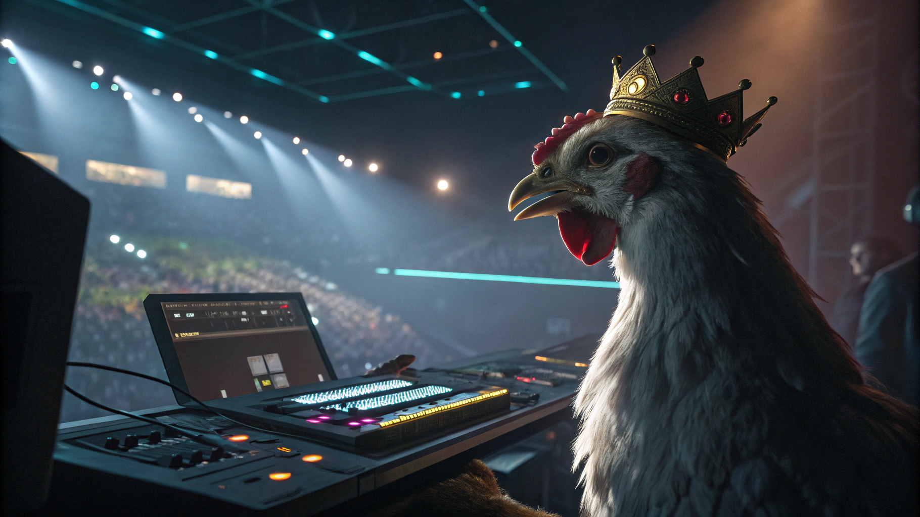 AI generated image by Red Panda AI: A chicken king operating an arena lighting console during a live gig.