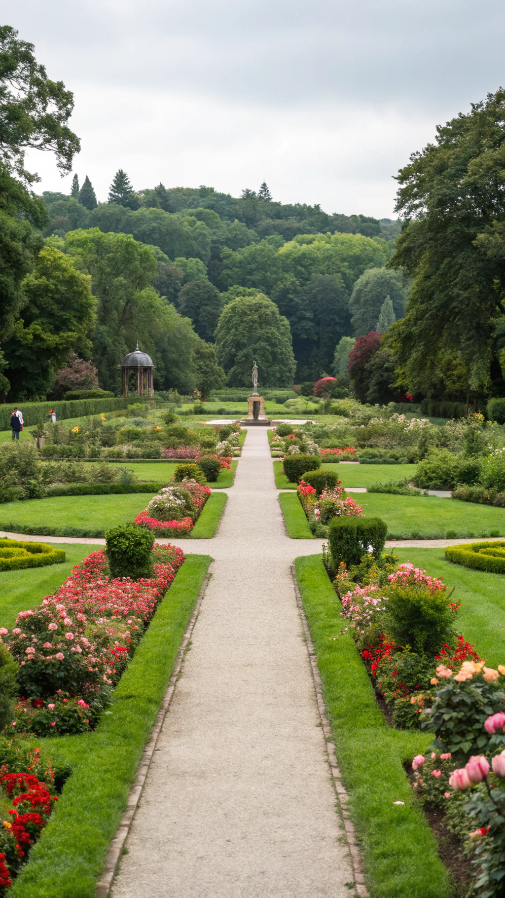 AI generated image by Red Panda AI: Background with green areas with beautiful flowers, a path in the middle with a very beautiful old park