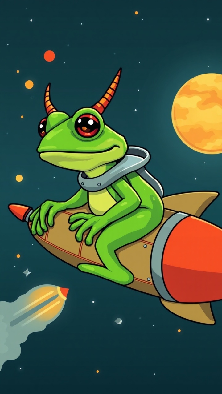 AI generated image by FLUX.1-schnell: Generate a picture of Pepe The Frog with 2 horns on his head and all green in color riding a rocket to Mars.