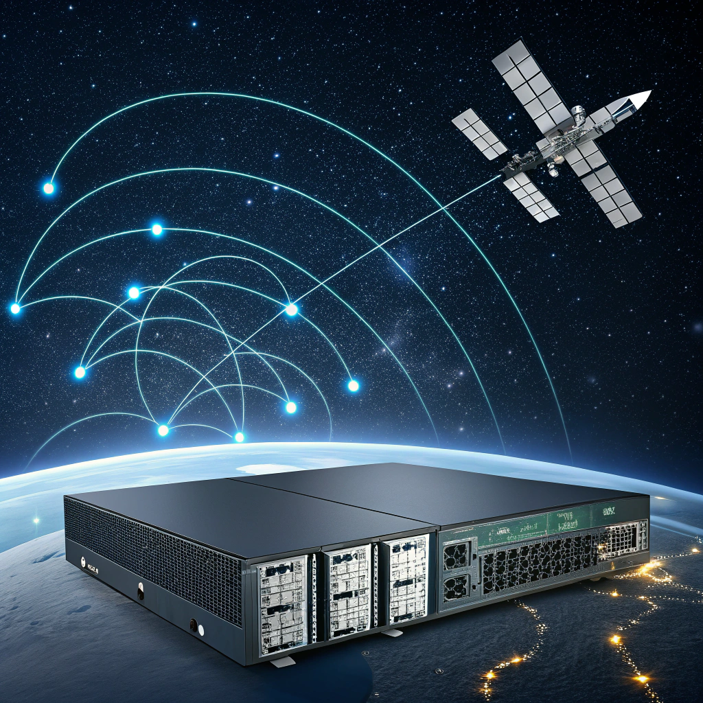 AI generated image by Red Panda AI: Representación de un servidor de IA recibiendo señales desde una constelación de satélites