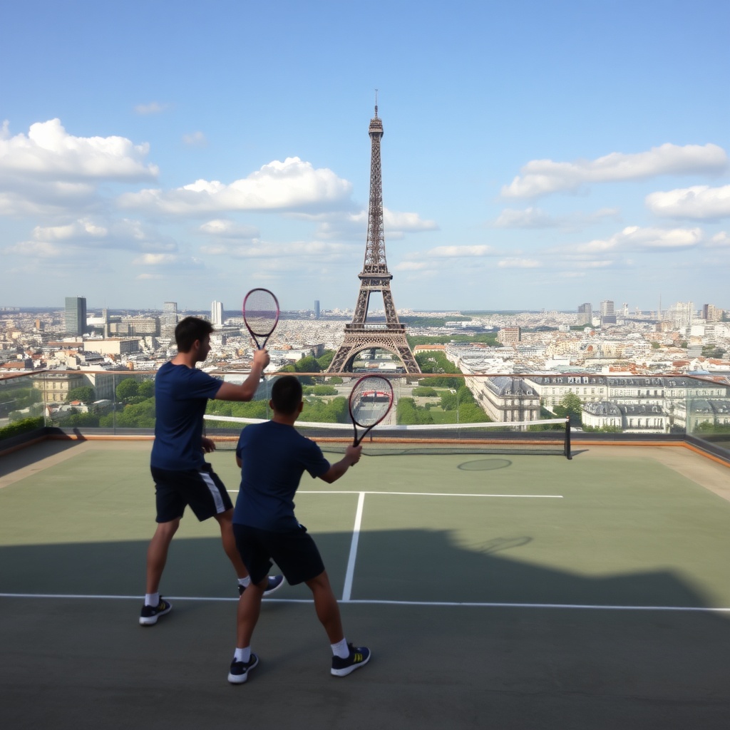AI generated image by FLUX.1-schnell: Exactly 2 guys playing tennis (not discussing or doing something else) on a large, private rooftop terrace or a temporary platform built on the Champ de Mars (the lawn beneath the Eiffel Tower) in Paris, France. A fantastic view of Paris below.