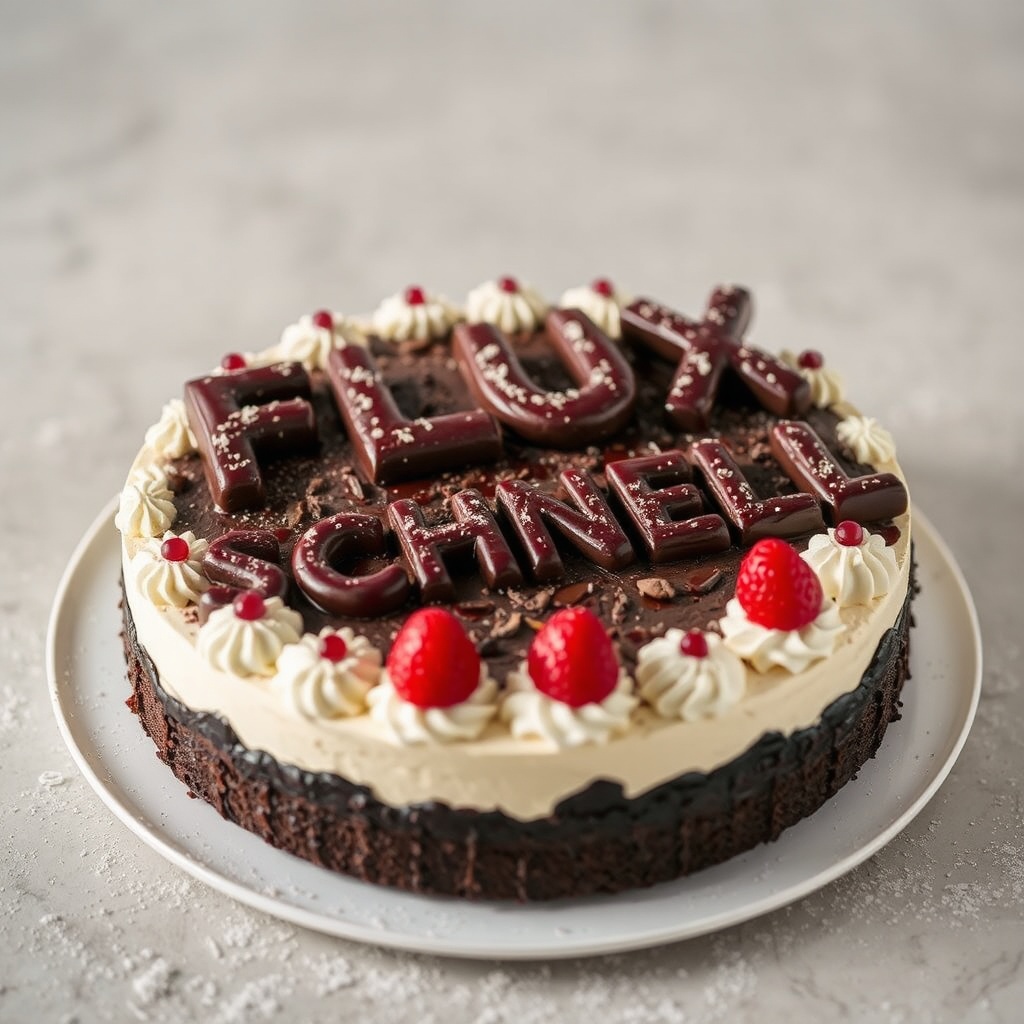 AI generated image by FLUX.1-schnell: black forest gateau cake spelling out the words "FLUX SCHNELL", tasty, food photography, dynamic shot