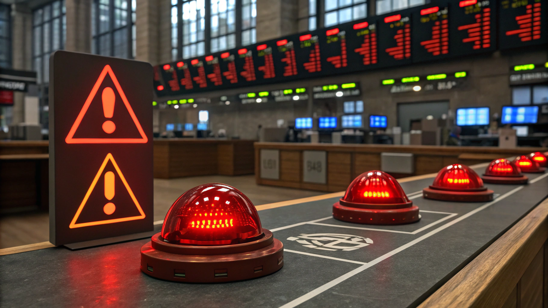 AI generated image by Red Panda AI: Stock Market Warning, red alert, potential danger, caution, red flashing lights