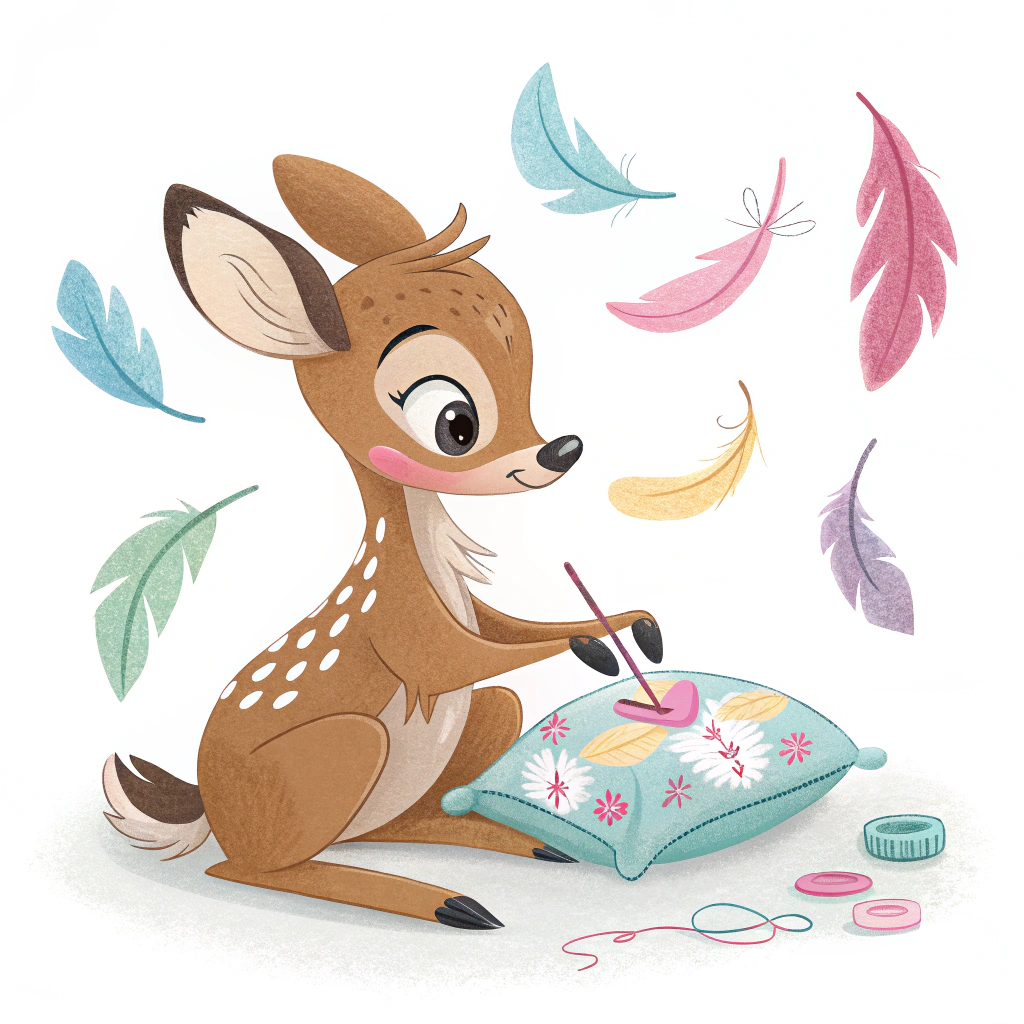 AI generated image by Red Panda AI: a cute little deer sewing a pillow with feathers flying around and sitting on the floor with flippers on his feet , as if created by walt disney for kids , 3d