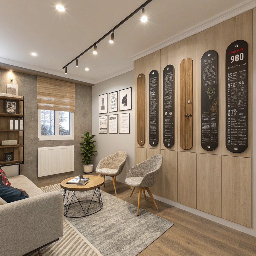 AI generated image by Red Panda AI: Room in an apartment with 108XL boards on the wall.