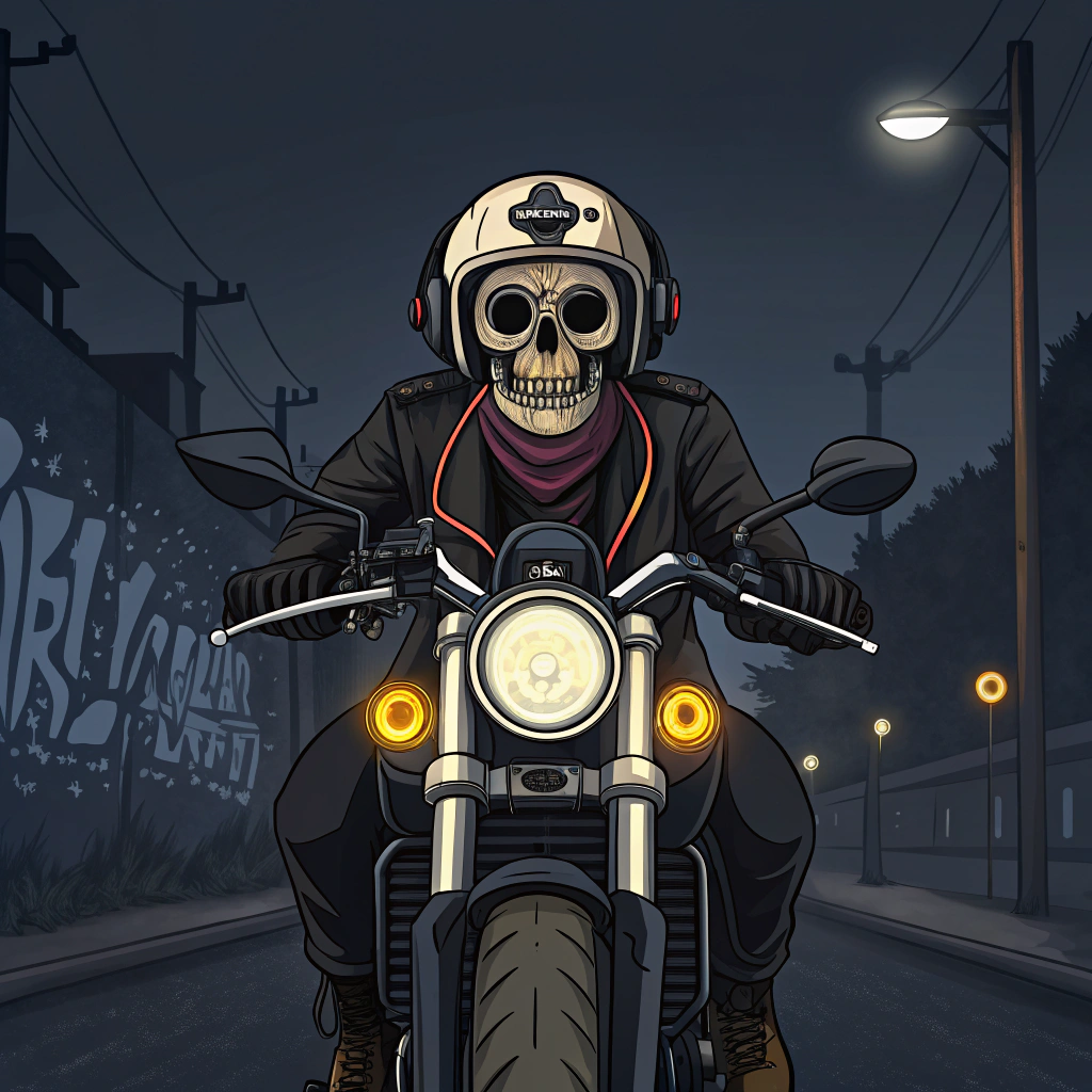 AI generated image by Red Panda AI: Skull wearing a stethoscope riding a yamaha mt09