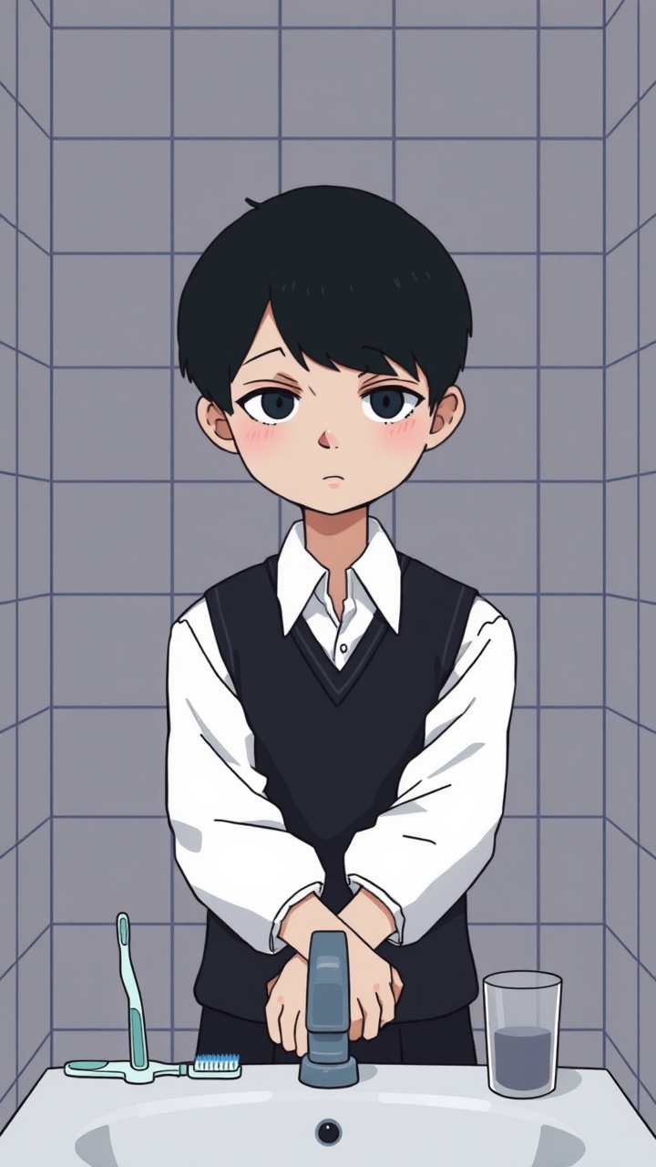 AI generated image by FLUX.1-schnell: Omocat's omori game artstyle, The image depicts a young person standing behind a bathroom sink, their expression somber. Their dark hair is neatly styled, and they are dressed in a white shirt with a dark vest. The tiled walls behind them are plain and featureless, creating a sense of isolation. The only other elements in the scene are a toothbrush and a glass on the counter, suggesting a routine that the individual may find difficult to engage in. The overall mood of the image is melancholic, hinting at a sense of loneliness or sadness. The subdued colors and minimalist composition further contribute to the somber atmosphere. The image leaves room for interpretation, inviting viewers to consider the inner thoughts and feelings of the subject.
