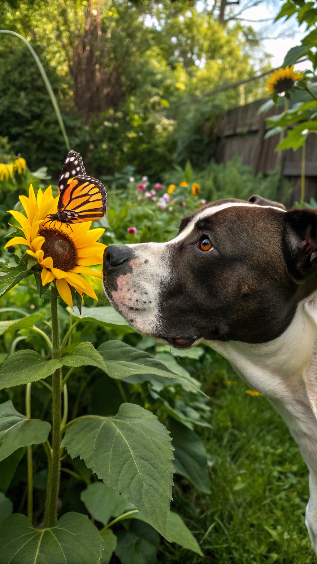 AI generated image by Red Panda AI: a beautiful black and white pitbull dog staring at a colorful butterfly that stands on a sunflower in the green garden