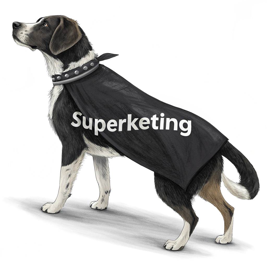AI generated image by Red Panda AI: una capa de super heroe color negro para perro que esta parado en 2
con letras blancas que digan superketing realista