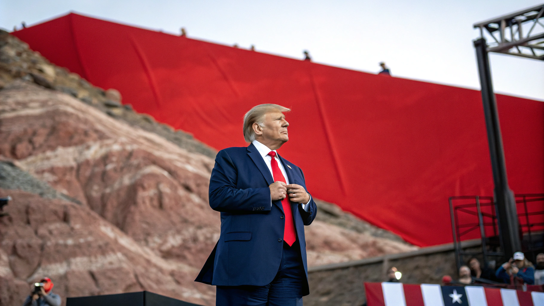 AI generated image by Red Panda AI: Donald Trump confidently standing in front of a giant red landslide.
