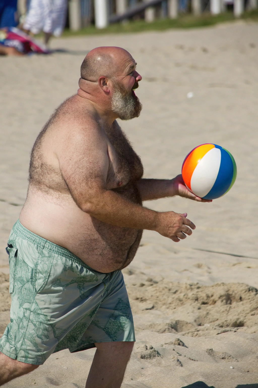 AI generated image by Red Panda AI: a bulky and slightly overweight 50 year old hirsute man at the beach hitting a beach ball. Man has heavy amount of body hair, hairy chest pattern, expanding his bloated heavy bearded-belly, bald head, brown and white goatee