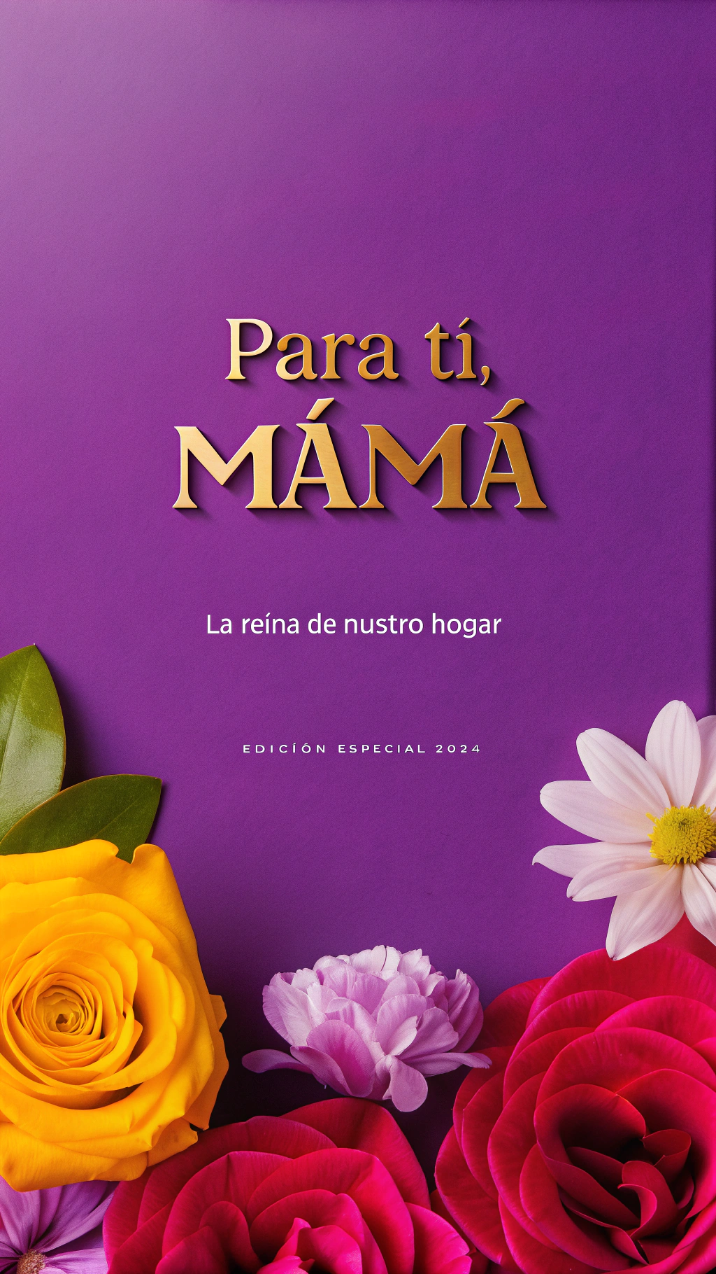 AI generated image by Red Panda AI: Portada de revista premium para el Día de las Madres, estilo elegante y emotivo. Diseño con fondo en degradado suave de tonos pastel (rosa claro, dorado y lavanda) con detalles de flores delicadas (peonías, rosas o margaritas) y luces tenues. Título principal 'PARA TI, MAMÁ' en tipografía cursiva serif dorada con efecto 3D sutil. Subtítulos como 'La Reina de Nuestro Hogar' o 'Edición Especial 2024' en fuentes secundarias. Incluye un marco decorativo con motivos florales, silueta de madre e hijo/hija abrazados (estilo ilustración plana) y objetos simbólicos como un ramo de flores o una taza de té. Estilo artístico: ilustración digital realista con toques de acuarela, paleta cálida (rosa, crema, dorado) y texturas de papel premium. Calidad 8K, detalles nítidos.