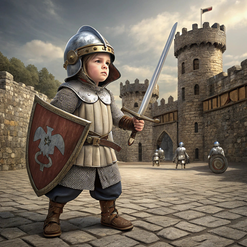 AI generated image by Red Panda AI: a 3 year old boy dressed as a medieval warrior