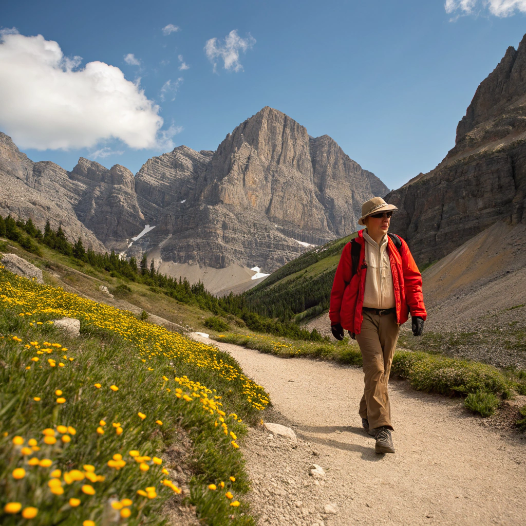 AI generated image by Red Panda AI: A photo of a person hiking in the Rocky Mountains of Banff National Park in Alberta, Canada. The person is wearing a red jacket, a beige shirt, and brown pants. They are walking on a dirt path surrounded by tall, rocky mountains with a blue sky above. The ground is covered with yellow flowers. The photo has a clear sky, with a few clouds and a mountain range in the background.