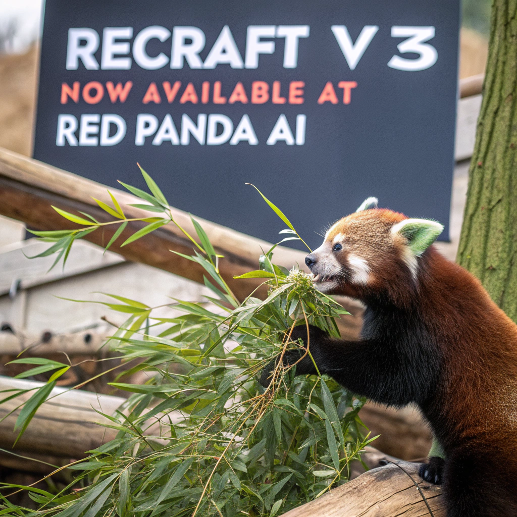 AI generated image by FLUX.1-schnell: a red panda eating a bamboo in front of a poster that says "recraft V3 now available at red panda ai