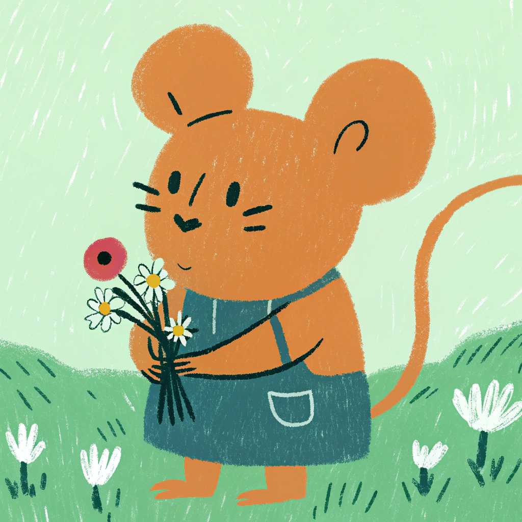 AI generated image by Red Panda AI: Un ratón adorable de pie sobre el pasto, vestido con un jardinero de tela azul con bolsillos. Está sosteniendo con ambas manos un pequeño ramo de flores silvestres de colores (rosas, amarillas y blancas). El entorno es un campo iluminado por la luz cálida del atardecer, con un fondo suave y desenfocado. El estilo es realista con toques de ilustración infantil, colores vivos y una atmósfera tierna y natural.