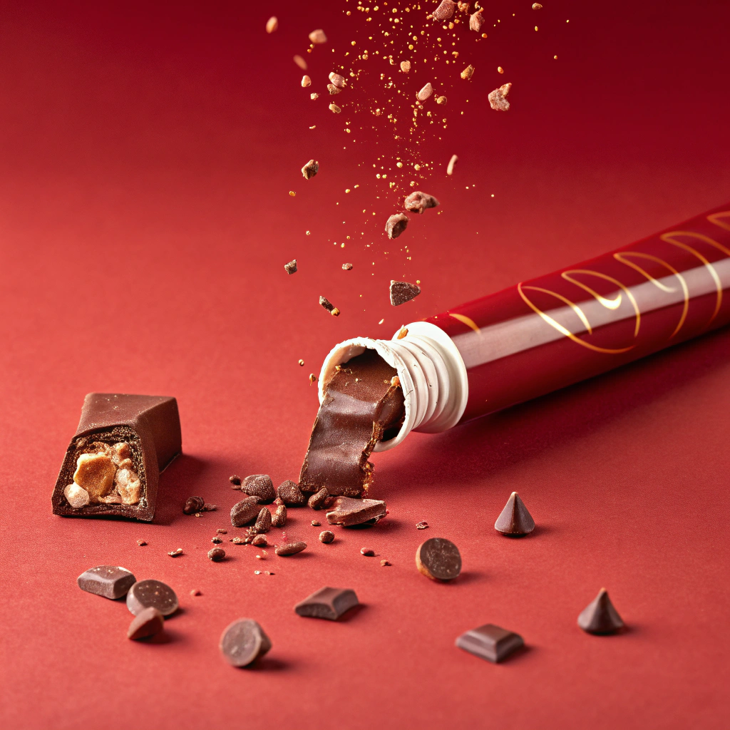 AI generated image by Red Panda AI: tube of chocolate split in two, falling with the tip touching the ground, small pieces of chocolate flying, photographed in studio with a red background
