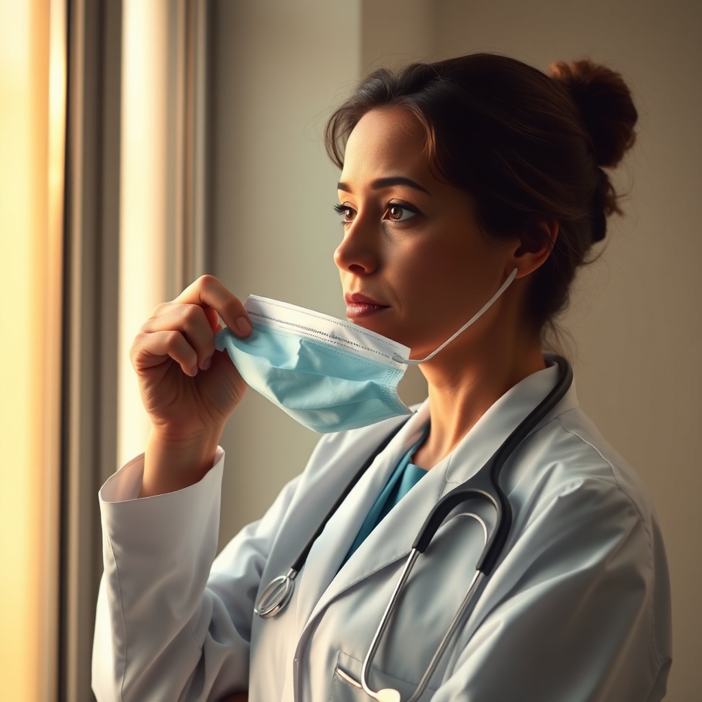 AI generated image by FLUX.1-schnell: Soft warm light entering through a hospital window. A doctor removing her mask -- expression calm and thoughtful (symbolizing acceptance and strength), very ultra realistic image.
( plain white background)