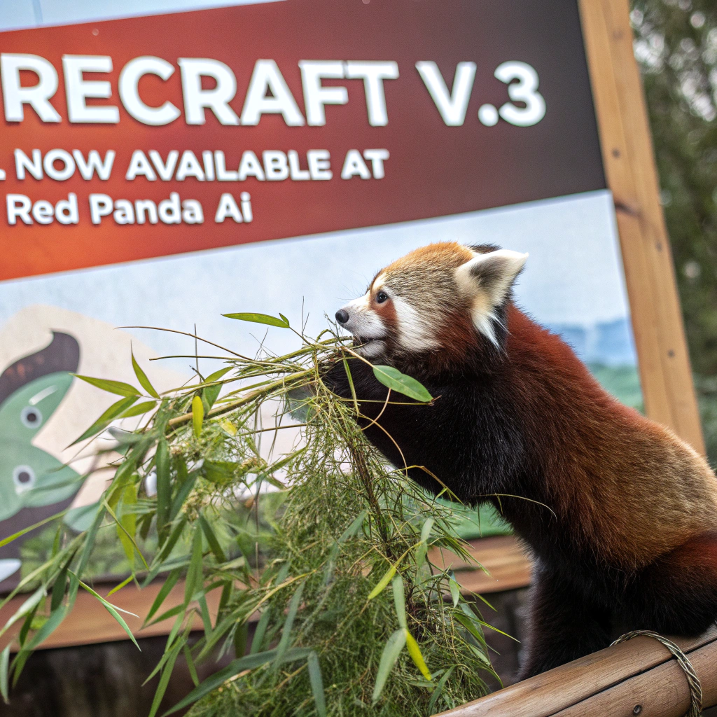AI generated image by Red Panda AI: a red panda eating a bamboo in front of a poster that says "recraft V3 now available at red panda ai