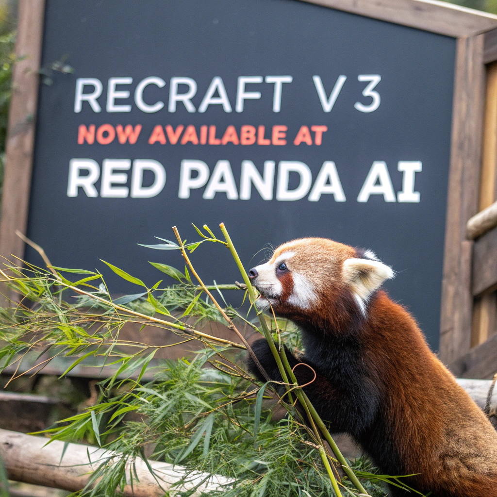 AI generated image by Red Panda AI: a red panda eating a bamboo in front of a poster that says "recraft V3 now available at red panda ai