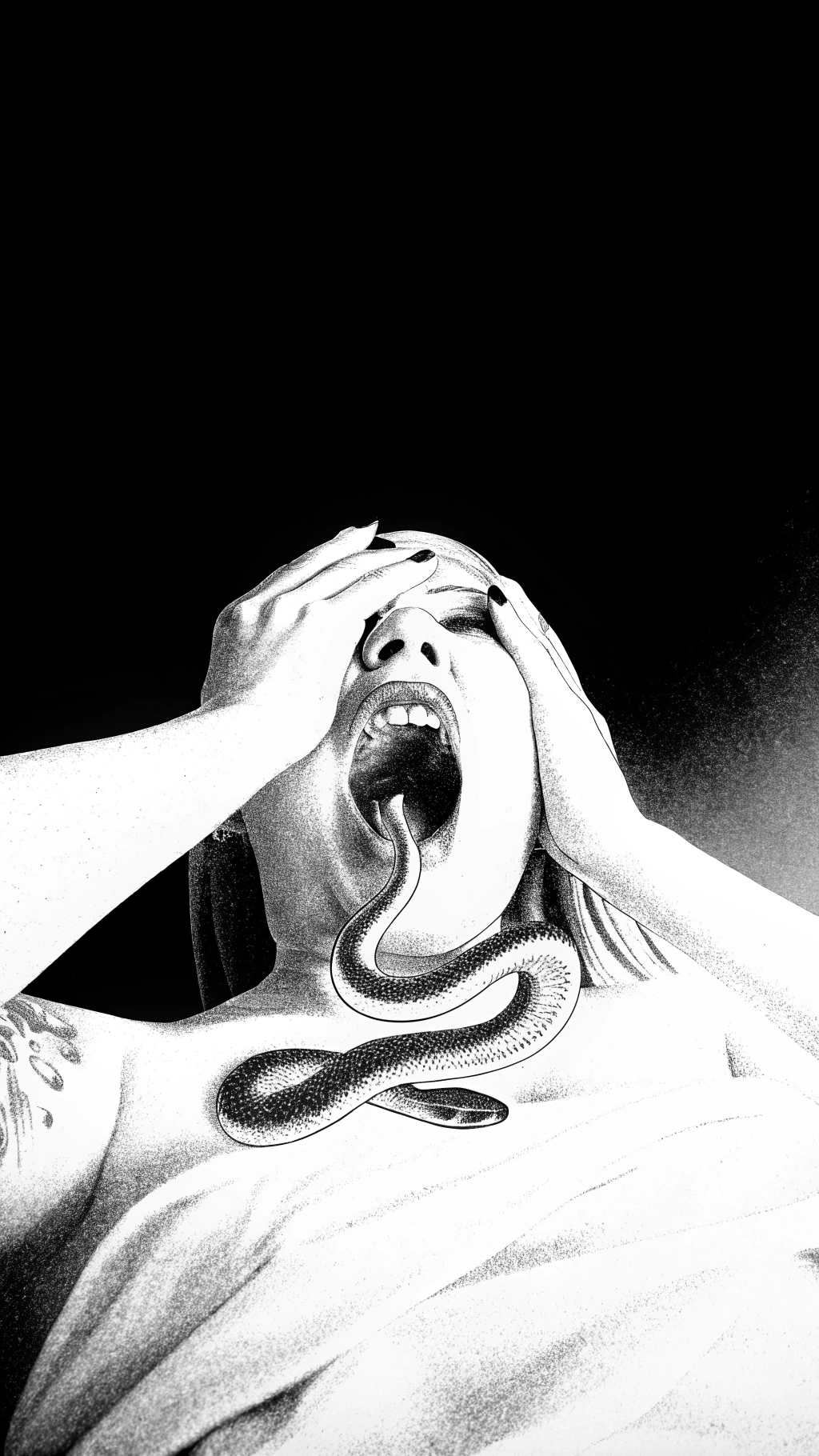 AI generated image by Red Panda AI: Tattoo design, black and white, depicting a beautiful woman with her hands on her face, screaming as she is wrapped in snakes. a snake coming out of the mouth. The background is solid, with high contrast and a hyper-realistic style, n monochrome, against a dark background, with cinematic lighting, shot from a low angle, in the style of hyper-realistic photography