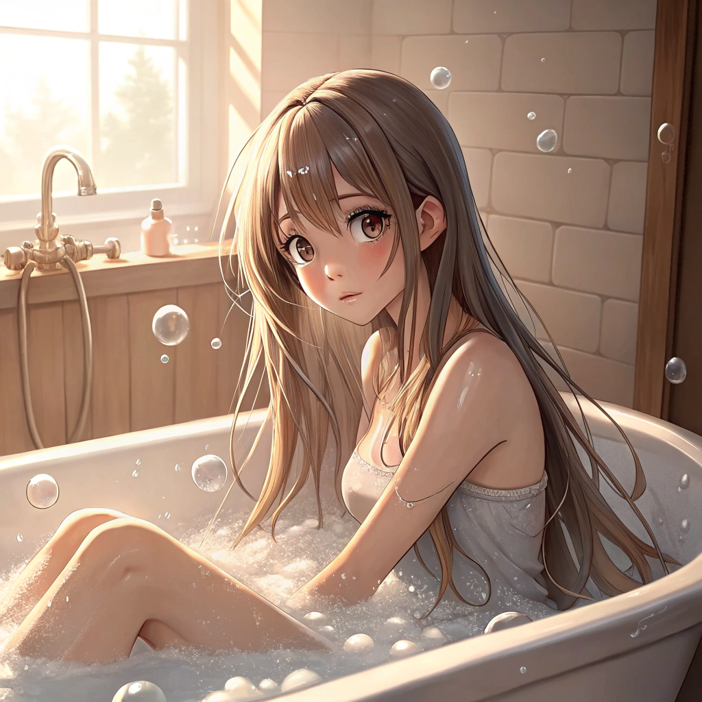 AI generated image by Red Panda AI: generate me a hot anime girl in the other side of the tub blushing