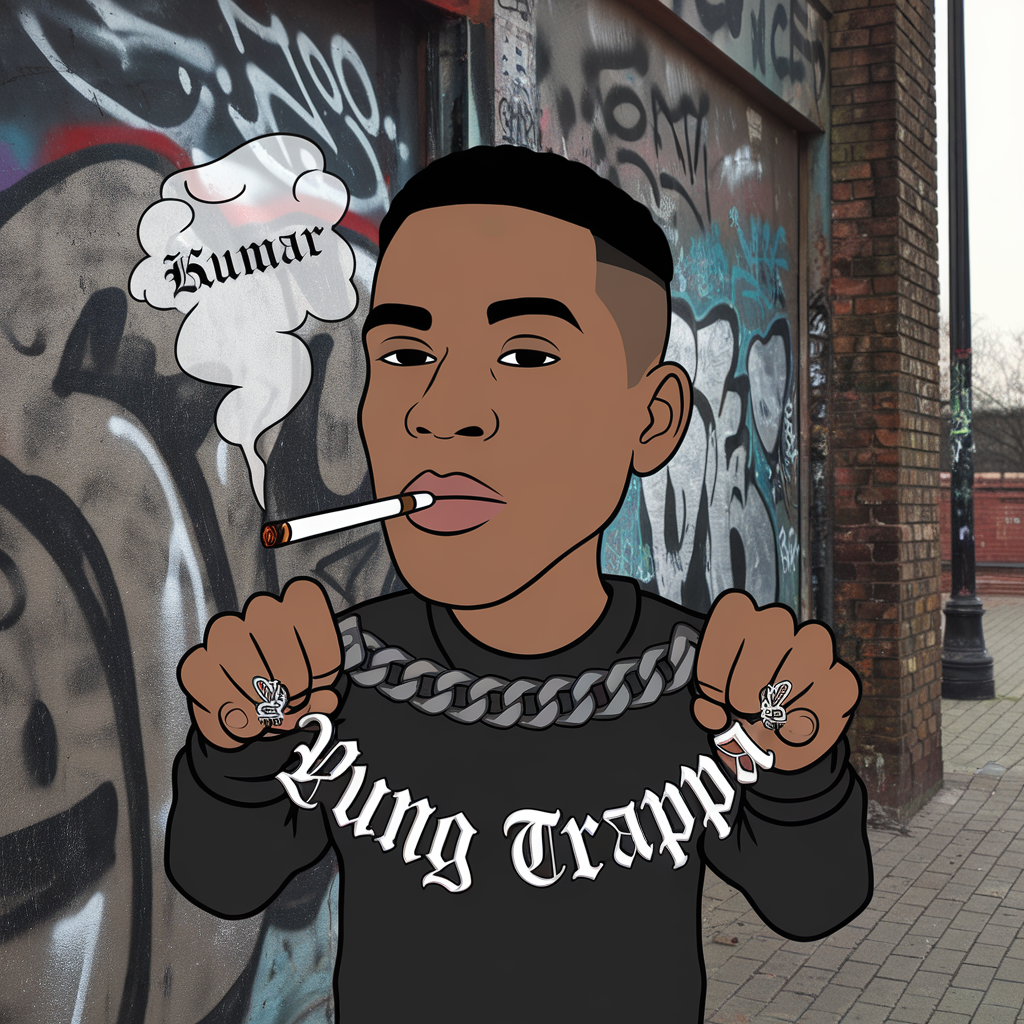 AI generated image by ideogram 2.0: Сделай мультяшнего репера с сигаретой во рту и что бы держал цепь с надписью Yung Trappa из дыма сигареты должна быть надпись Kumar
