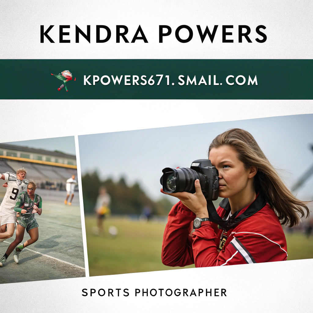 AI generated image by Red Panda AI: masthead for a photographer. Include "Kendra Powers" and the email address kpowers671@gmail.com - sports photographer is the motif