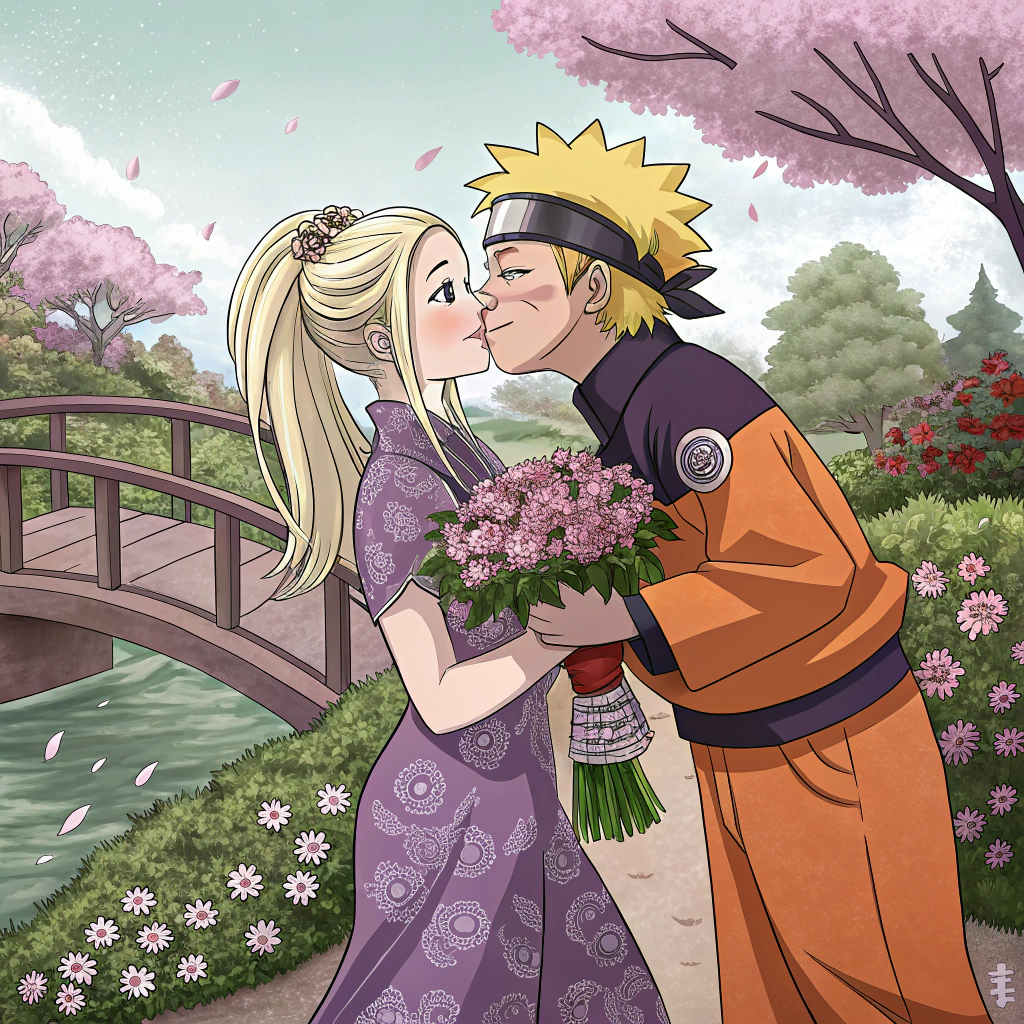 AI generated image by Red Panda AI: Ino yamamka wearing a purple dress kissing naruto