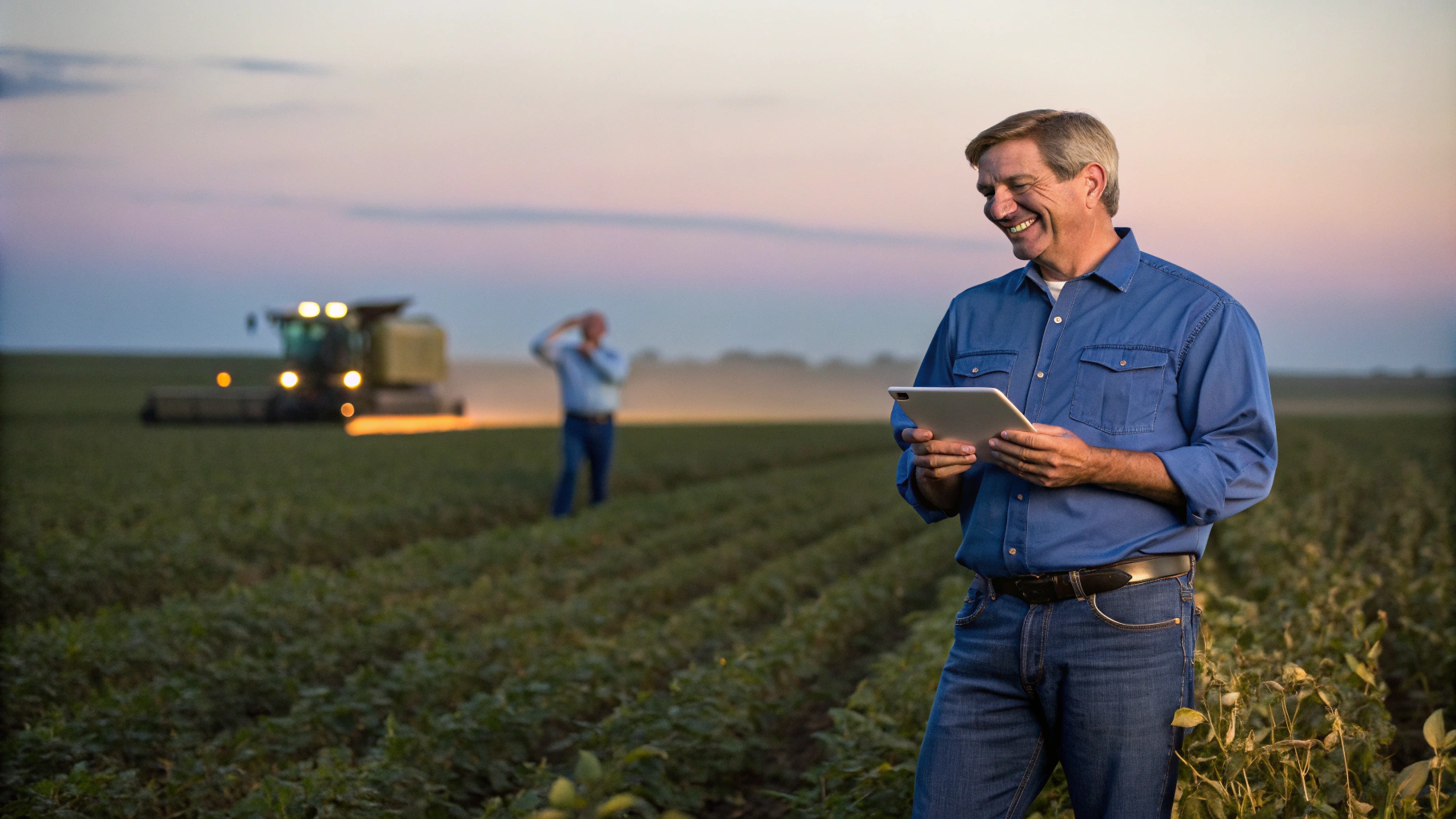 AI generated image by Red Panda AI: faça uma imagem realista em que apareça um homem feliz em meio a um campo de soja. Este homem representa um vendedor da TIMAC Agro. Ele deve estar vestindo uma camisa azul e calça jeans, segurando um tablet na mão. Em frente a ele, um outro homem representa o cliente, que é um produtor rural feliz com o resultado da safra. Ao fundo, a cena representa um entardecer e no horizonte uma colheitadeira faz o trabalho.
