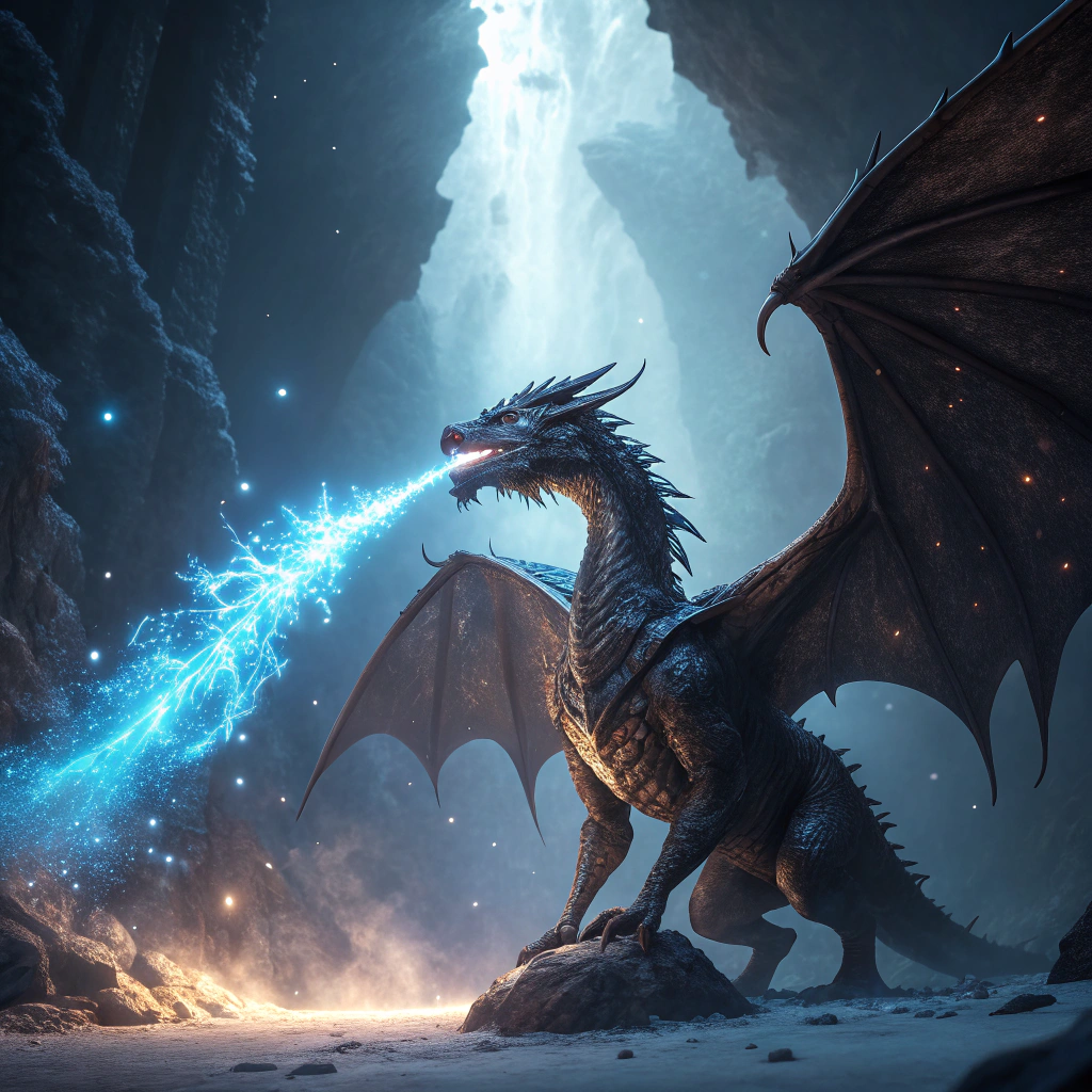 AI generated image by Red Panda AI: "Un majestuoso dragón en una posición dinámica y poderosa, ideal para un videojuego de hechiceros. El dragón tiene escamas brillantes y oscuras con reflejos metálicos, alas enormes desplegadas y ojos resplandecientes que emiten una luz mística. Su aliento está cargado de magia, emanando un brillo azulado y chispeante. El entorno es una cueva de cristales místicos iluminada con una luz etérea que refleja el poder del dragón. La atmósfera es épica, con partículas de polvo mágico en el aire. Estilo realista y detallado, con texturas claras y efectos visuales impresionantes, similar al arte conceptual de videojuegos de fantasía.