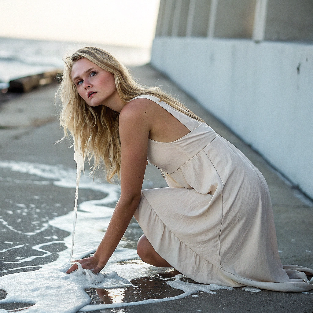 AI generated image by FLUX.1-schnell: Blonde woman, kneeling, ligth dress, white liquid on face, looking at me, portrait