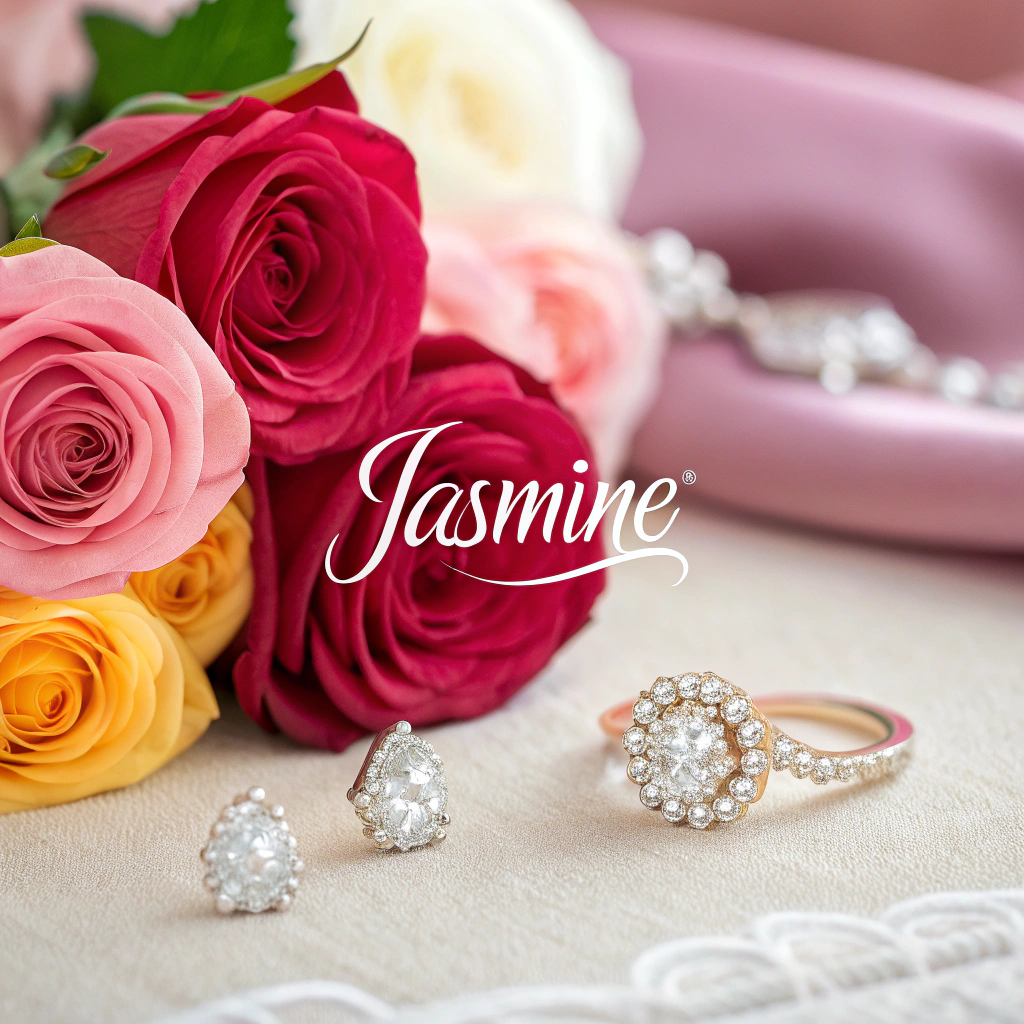 AI generated image by Red Panda AI: An elegant composition featuring vivid roses and sparkling diamonds arranged artfully. In the center, the name Jasmine is written in flowing, graceful Arabic calligraphy. The background is softly blurred to emphasize the roses, diamonds, and calligraphy, creating a luxurious, delicate atmosphere with rich, harmonious colors that highlight the beauty and brilliance of each element.