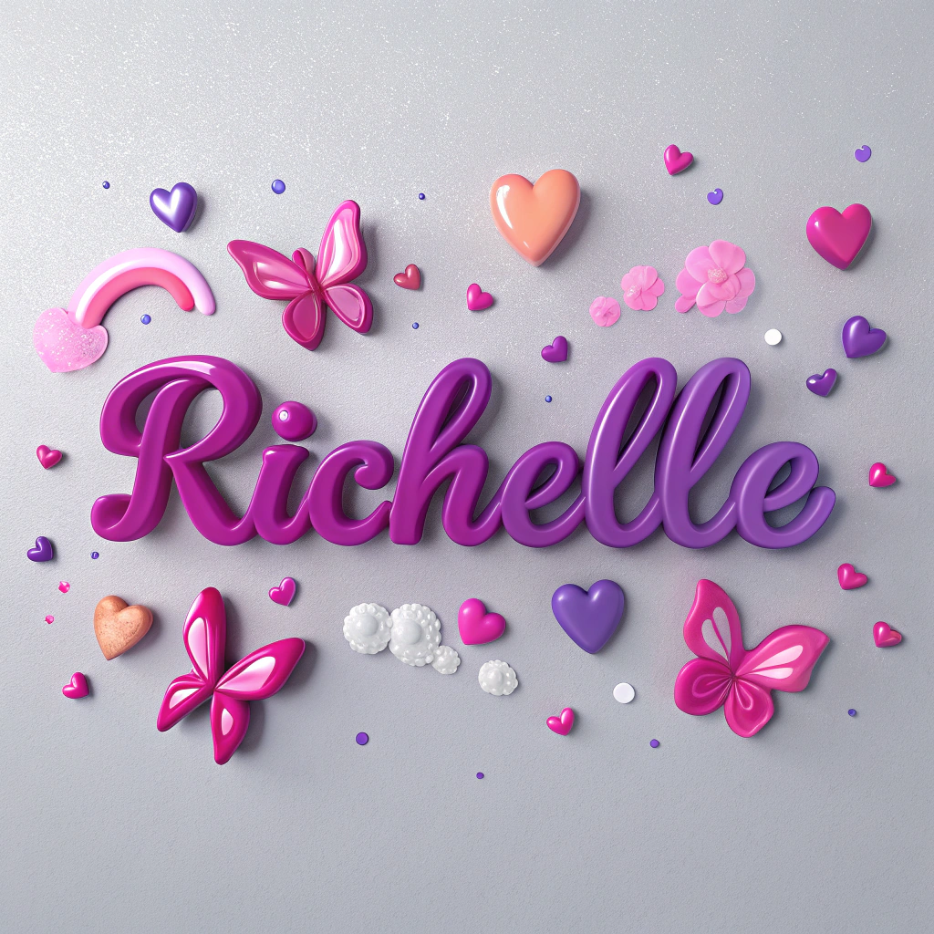 AI generated image by Red Panda AI: A 3D render of a ink colorl, vibrant digital artwork with the name "Richelle" in glossy, colorful pink and purple letters. The decorative elements include playful splashes of color, hearts of varying sizes, fluttering butterflies of different sizes, a fluffy pink heart, smaller hearts, and bubbles of assorted sizes. The soft gray background provides a serene contrast, allowing the vivid colors and intricate details to stand out.