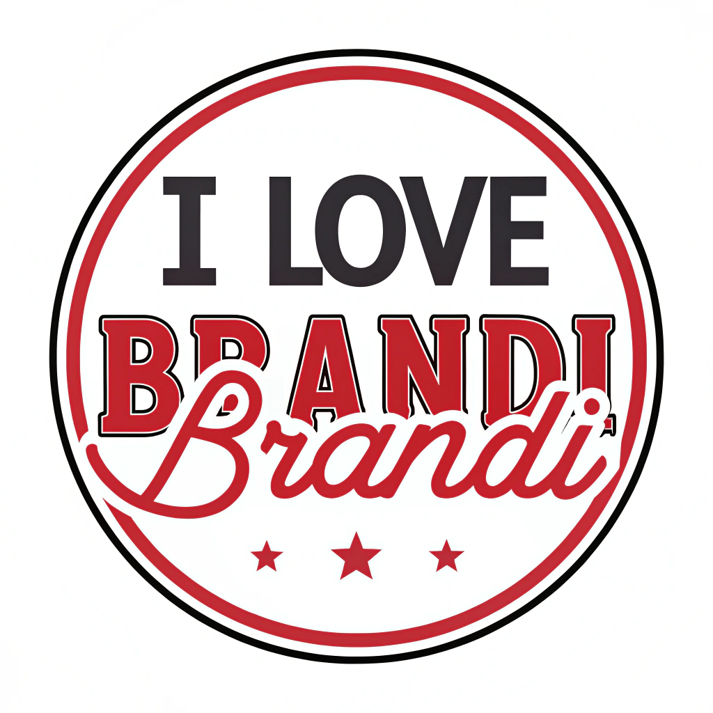 AI generated image by Red Panda AI: Circle logo, "I Love Brandi", on white background, red and white and black, only text, bold font, strong, fun